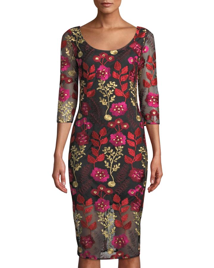 3/4-sleeve Floral Embroidered