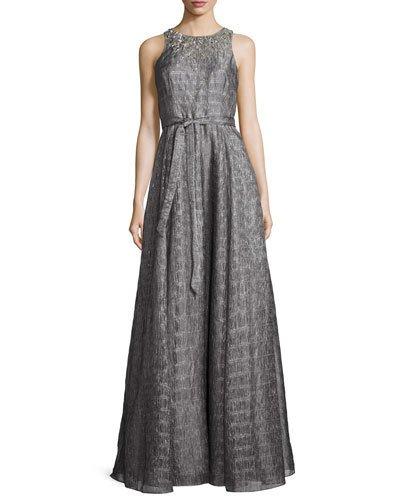 Sleeveless Embellished Metallic Organza Gown,