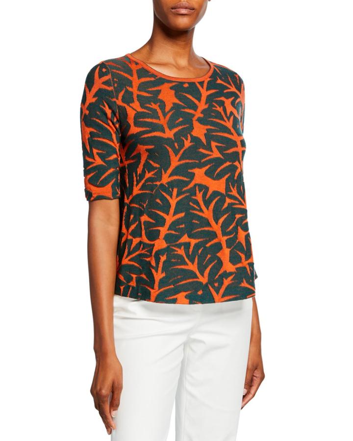 Round-neck Elbow-sleeve Tropical-leaf Jacquard Top