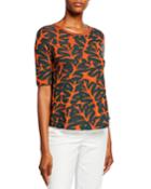 Round-neck Elbow-sleeve Tropical-leaf Jacquard Top