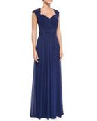 Belted Lace & Chiffon Gown, Navy