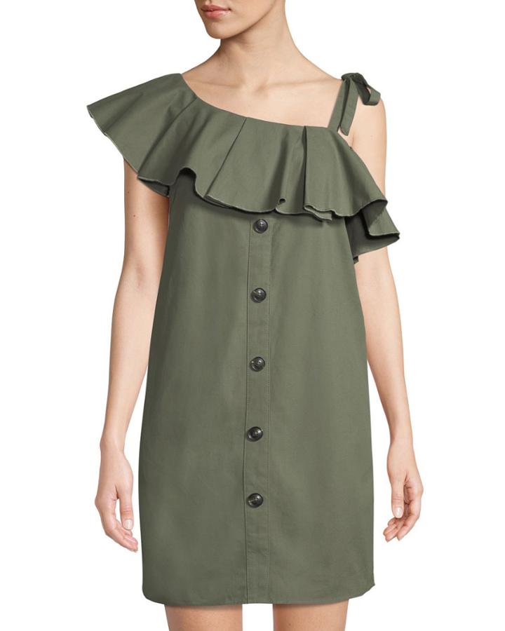 Pleated One-shoulder Button-front