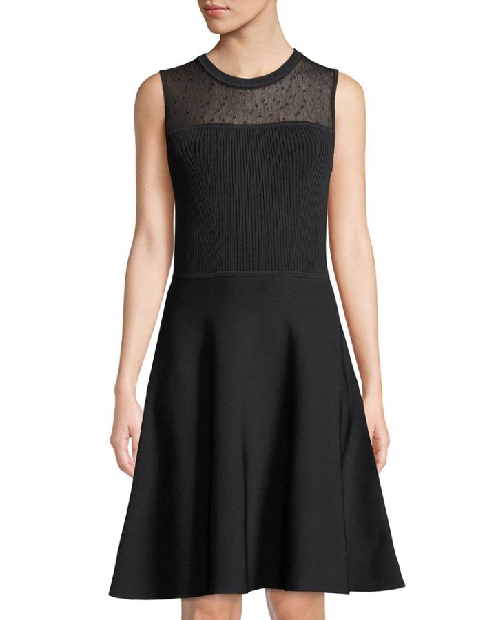 Dotted-lace Neck Sleeveless Fit-and-flare Viscose Knit Dress