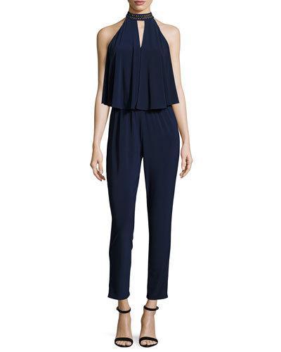 Beaded-neck Draped Jumpsuit, Dark Blue