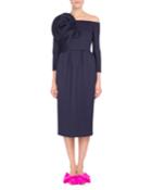 Off-shoulder 3/4-sleeve Dress W/rosette Detail, Blue