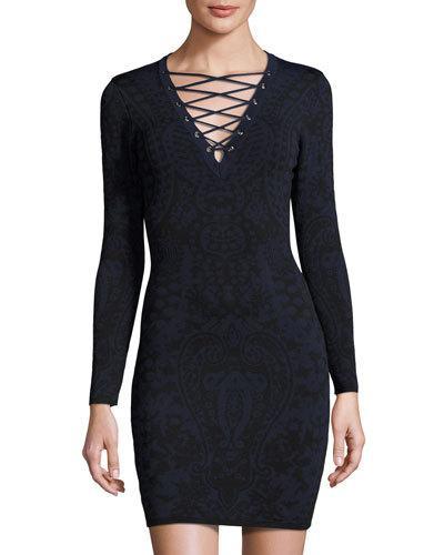 Intarsia Patterned Lace-up Knit Dress, Blue