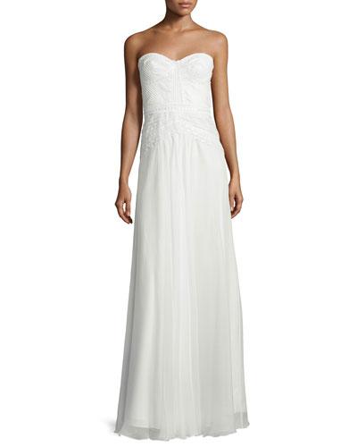 Sweetheart-neck Lace-trim Gown, White