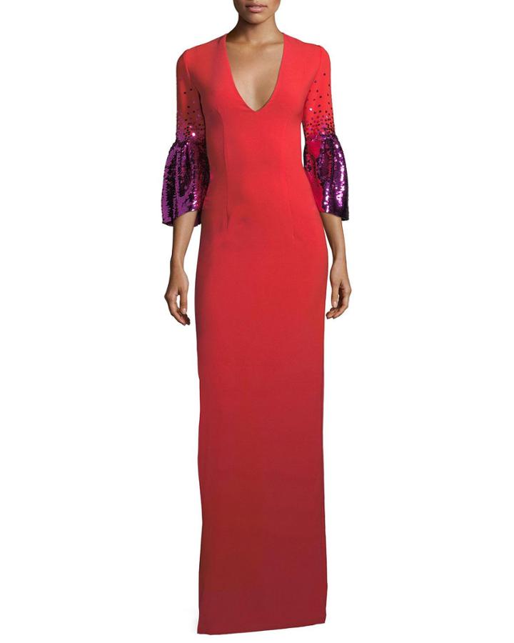 Byzas Sequin Bell-sleeve V-neck Column Dress