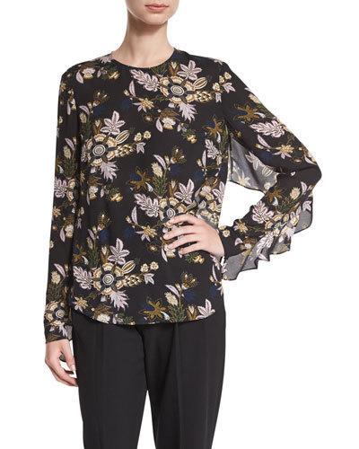 Cooper Long-sleeve Floral Silk Top, Black