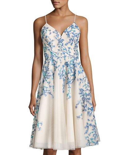 Floral-embroidery A-line Dress, Blue/white