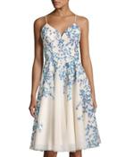 Floral-embroidery A-line Dress, Blue/white