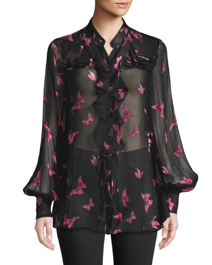 Butterfly-print Silk Ruffle Button-down Blouse