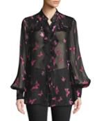 Butterfly-print Silk Ruffle Button-down Blouse