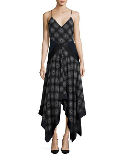 Scarf-hem Silk Midi Dress, Blue