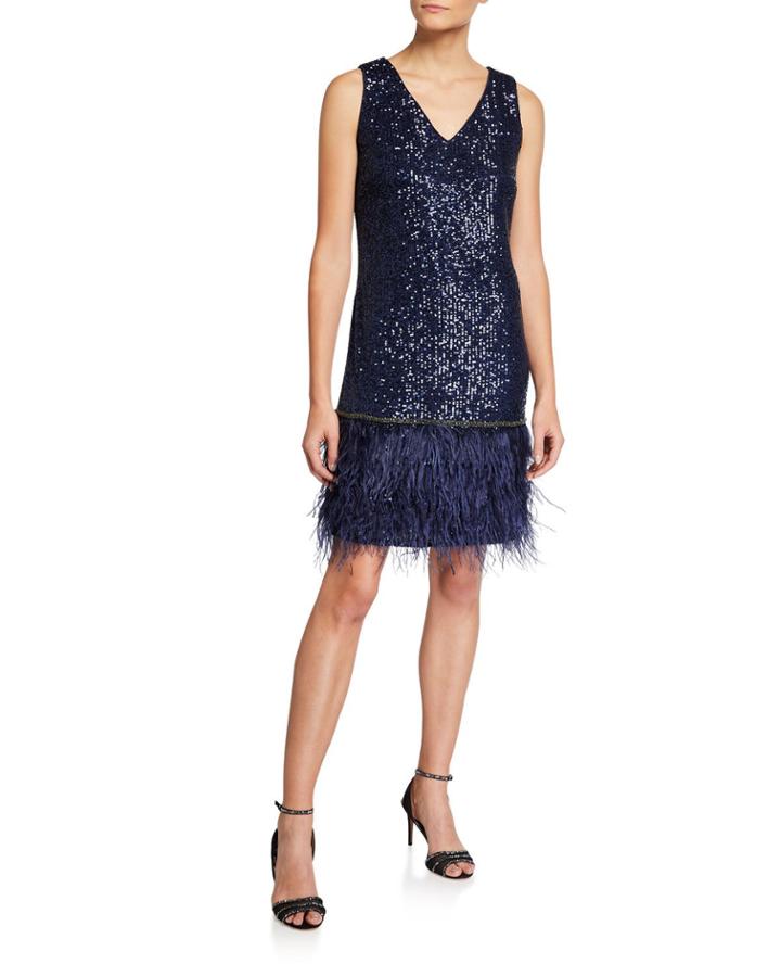 V-neck Shift Dress With Faux Feathers