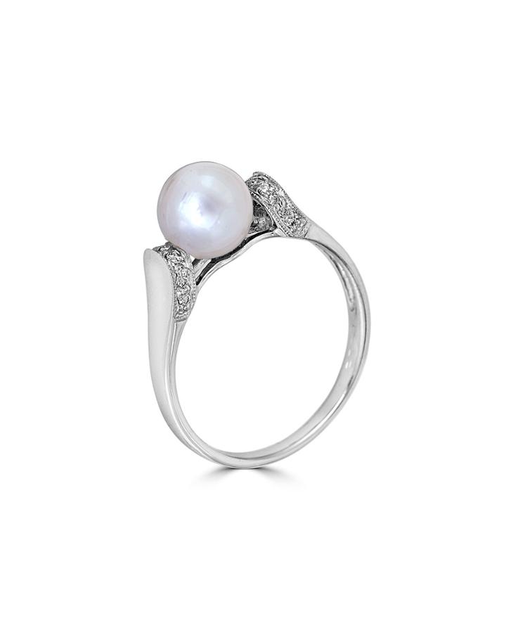 14k White Gold 7mm Pearl & Diamond Ring,