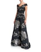 Floral Metallic Jacquard Off-the-shoulder A-line Gown