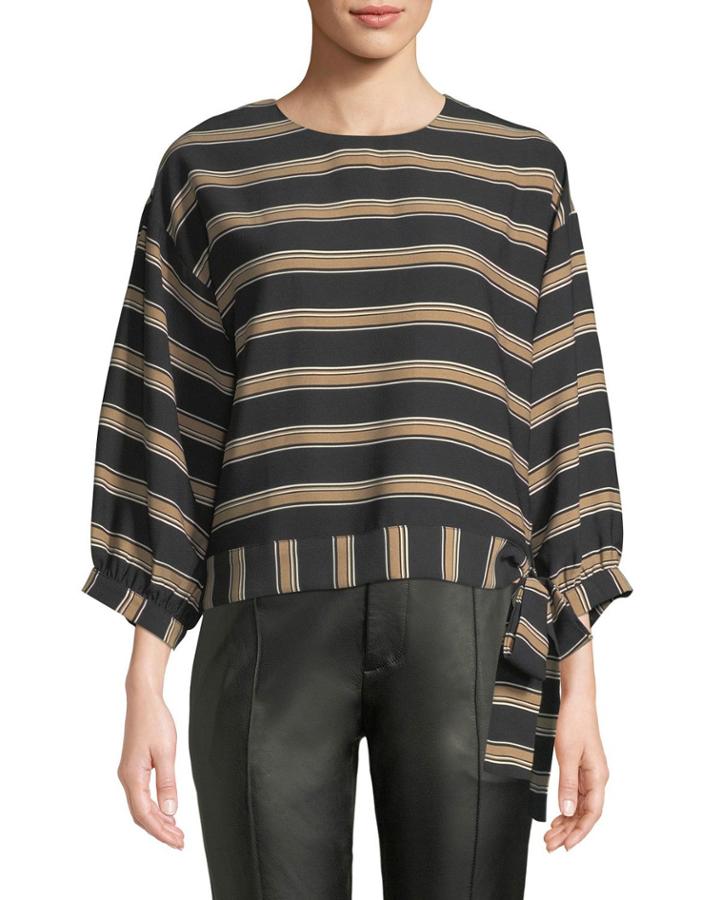 Horizontal-striped Tie-hem Blouse