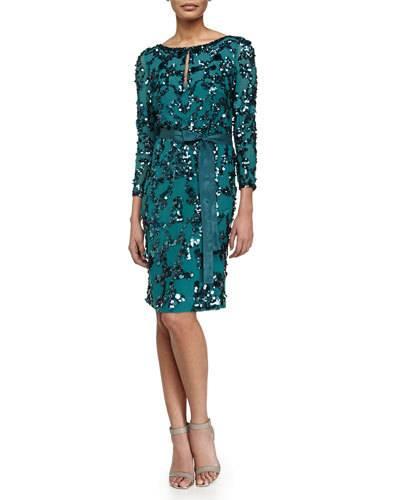 Sequin-embroidered Slit Keyhole Dress