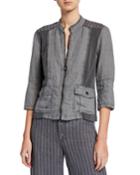 Plus Size Zip-front Striped-back 3/4-sleeve Linen Utility Jacket
