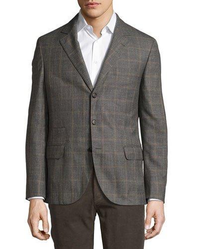 Three-button Wool-blend Soft Check Jacket, Gray/light Brown
