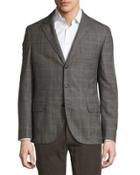 Three-button Wool-blend Soft Check Jacket, Gray/light Brown