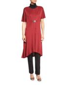Flowing Short-sleeve Dress W/buckle, Red,