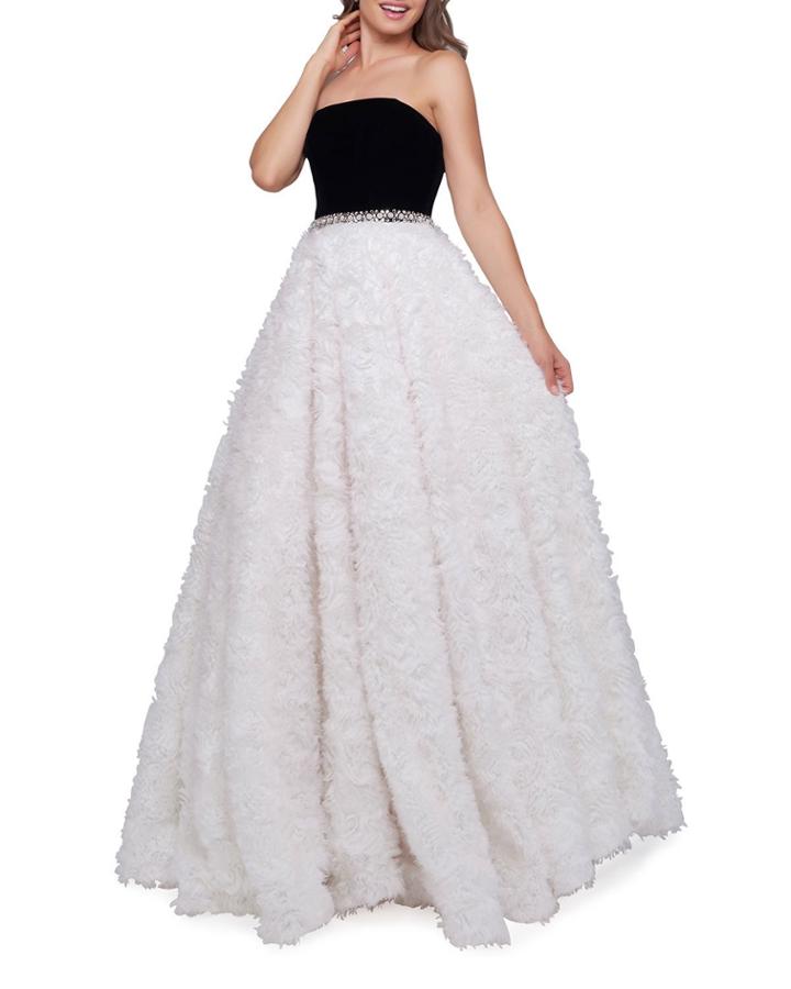 Strapless Ball Gown With Velvet Bodice & Textured Ribbon