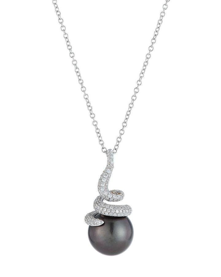 18k White Gold Diamond-coil & Pearl Necklace