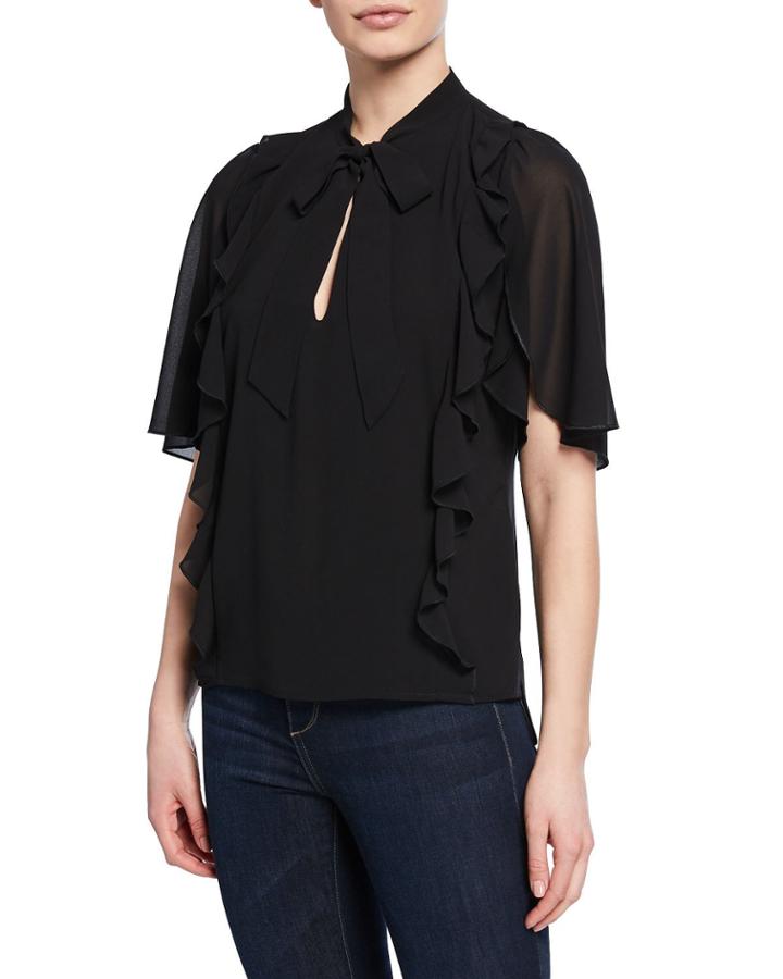 Liz Tie-neck Short-sleeve Ruffle Blouse