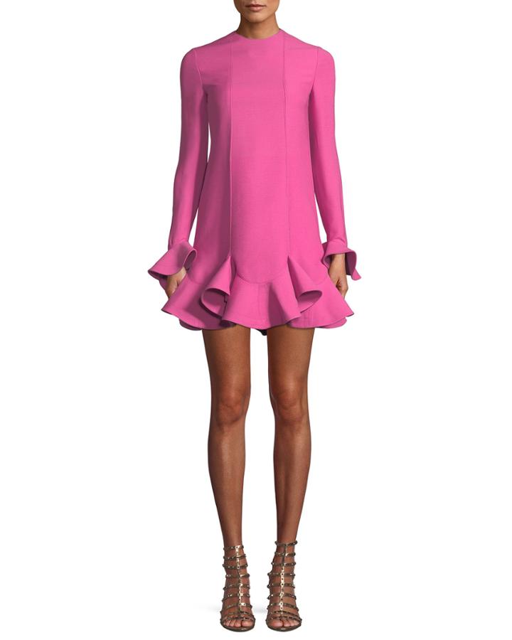 Long-sleeve Layered Ruffle Hem Crepe Couture Dress