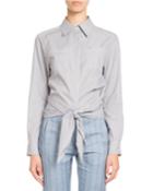 Button-front Striped Tie-waist Cotton Blouse