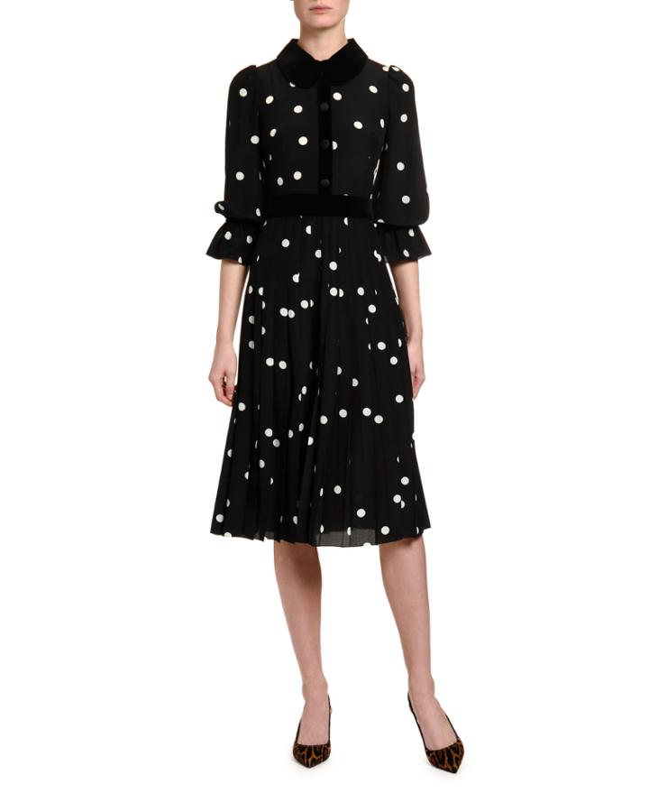 Long-sleeve Polka-dot Crepe De Chine Dress
