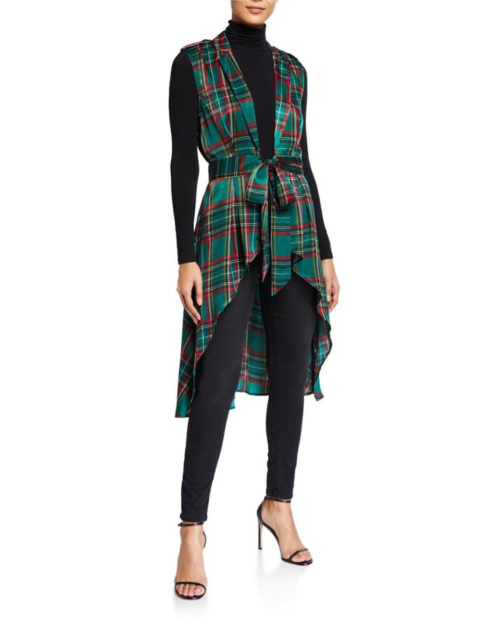 Plaid Flared Sleeveless Duster Jacket