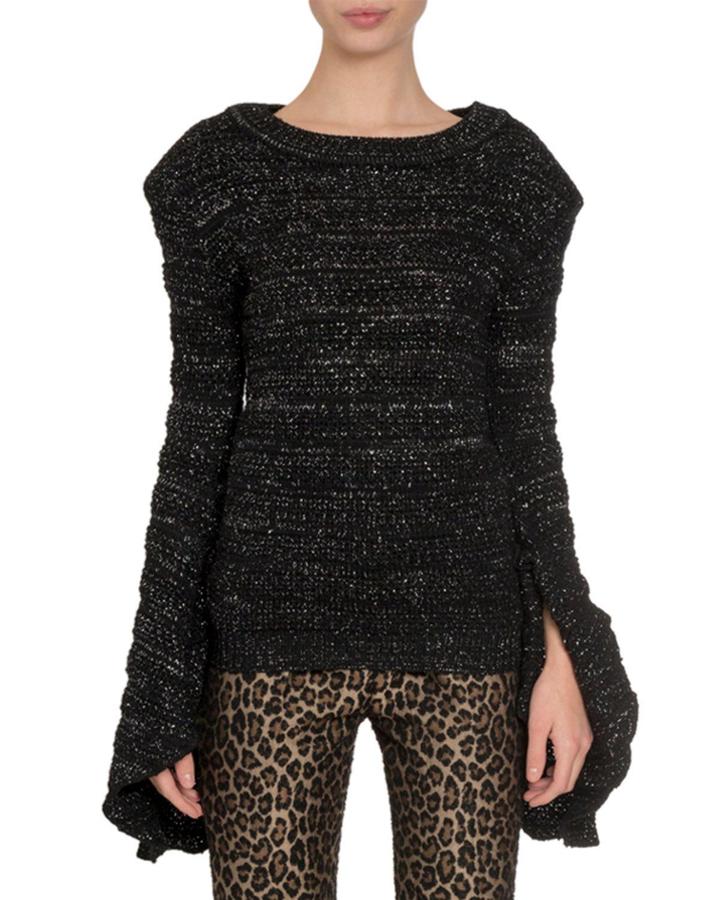 Metallic-knit Full-sleeve Crewneck Top
