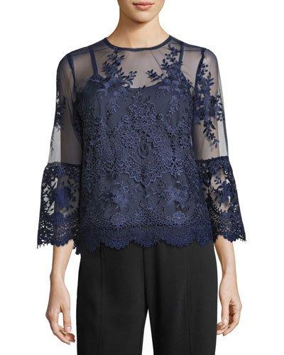 Embroidered Mesh Three-quarter Sleeve Twofer Top