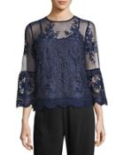 Embroidered Mesh Three-quarter Sleeve Twofer Top