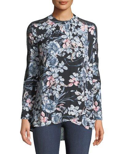 Mock-neck Lace-sleeve Floral Blouse