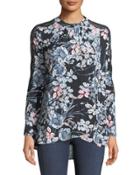 Mock-neck Lace-sleeve Floral Blouse