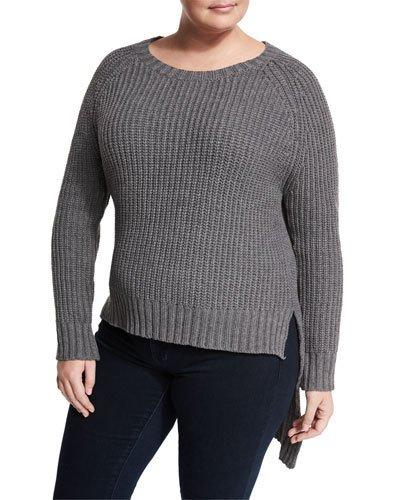 Waffle-knit High-low Sweater, Heather Gray,