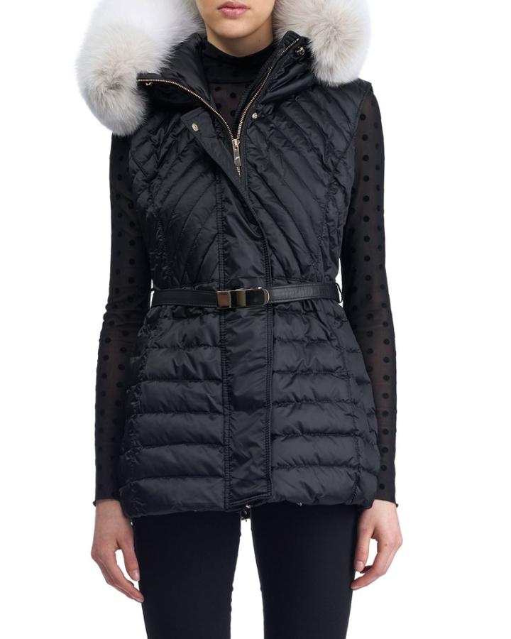 Apres-ski Down-fill Vest With Fox Fur Hood, Black