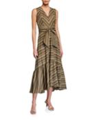 Striped High-low Belted Maxi Linen-blend Dress