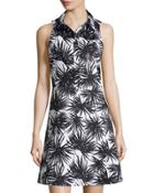 Sleeveless Palm-print Shirt Dress, Black