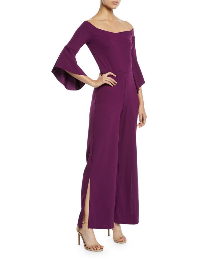Flutter-sleeve Crepe Jumpsuit, Plum