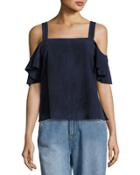 Suede Cold-shoulder Ruffle-sleeve Top, Blue