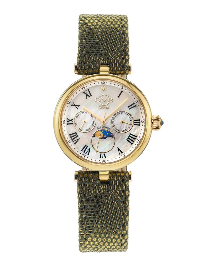 Florence Moon Phase Diamond Swiss Watch With Handmade Italian Leather Band, Green