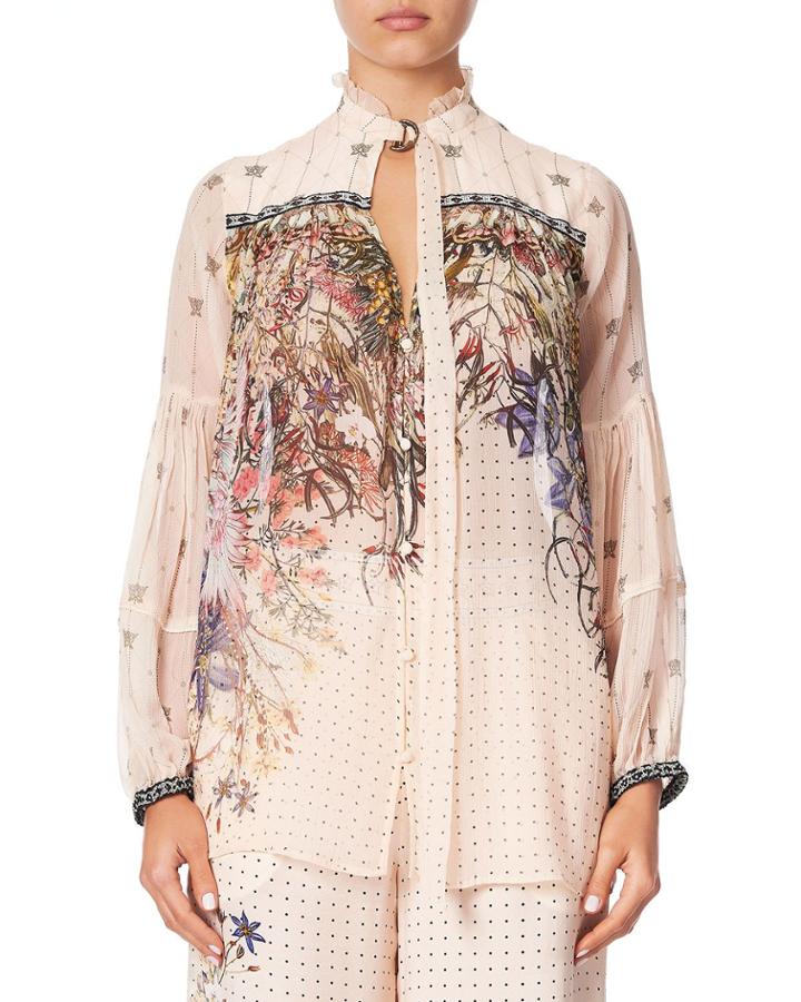 Printed Silk Blouse With Yoke & Neck Tie
