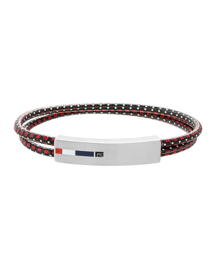Men's 2-row Leather Cord Bracelet, Black/red/white