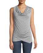 Cowl-neck Asymmetric Cross-front Heathered Jersey Blouse