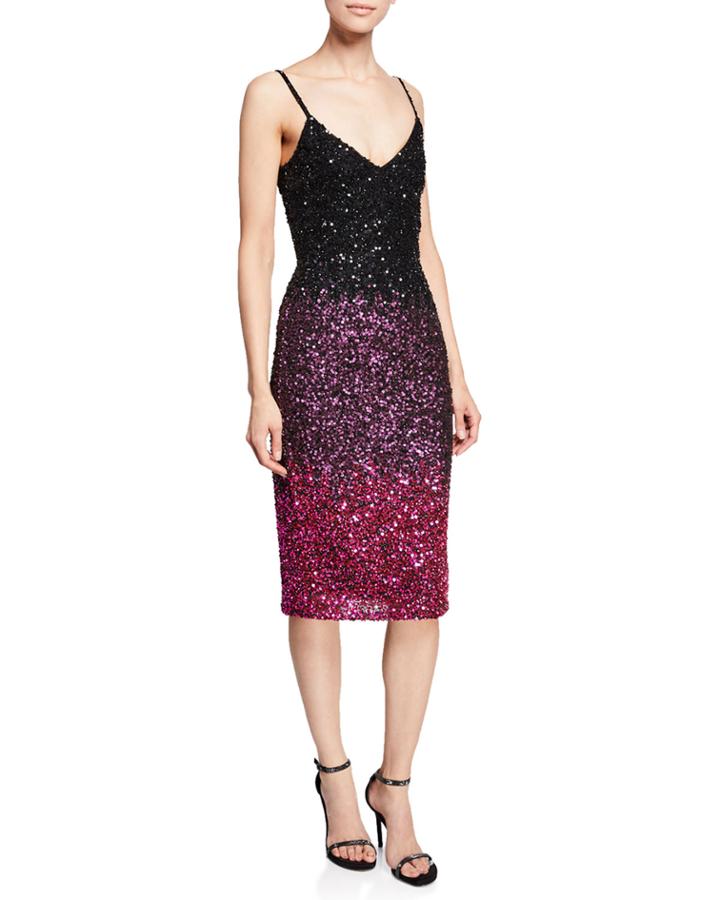 Faith V-neck Spaghetti-strap Beaded Ombr&eacute; Cocktail Dress